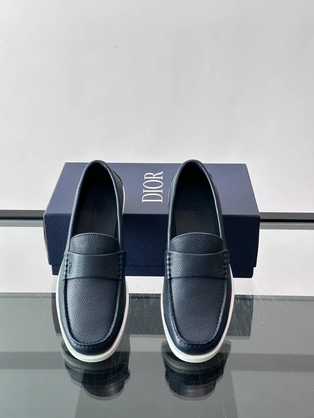 Dior Navy White Pebbled Leather Braided Strap Detail Loafer 4