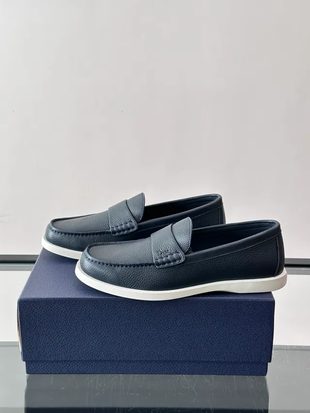 Dior Navy White Pebbled Leather Braided Strap Detail Loafer 5
