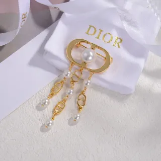 Dior Oblique Pearl Brooch Gold White Oval Buckle Frame Drop Tassels Brooch