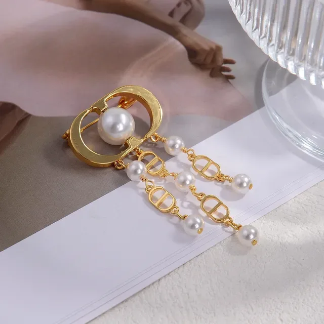Broche Dior Oblique Perle Or Blanc Ovale Boucle Cadre Pendentif Franges 4