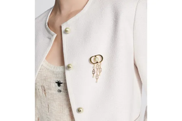 Broche Dior Oblique Perle Or Blanc Ovale Boucle Cadre Pendentif Franges 7