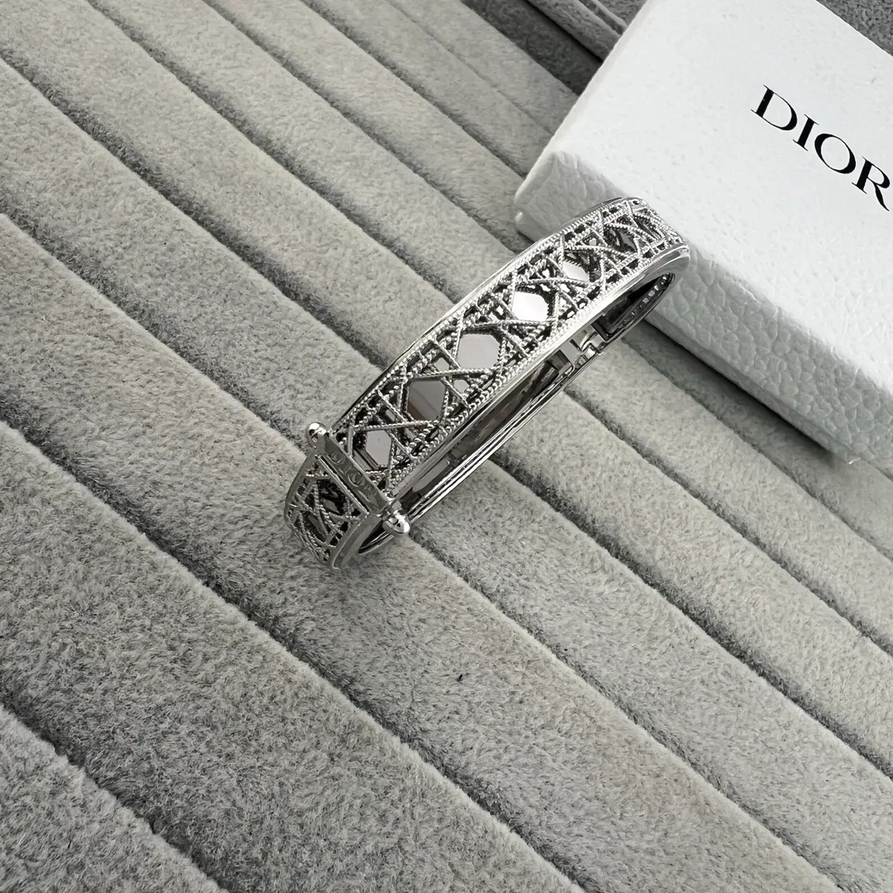 Dior Silver Gold Openwork Lattice Hinged Cuff Bracelet 3