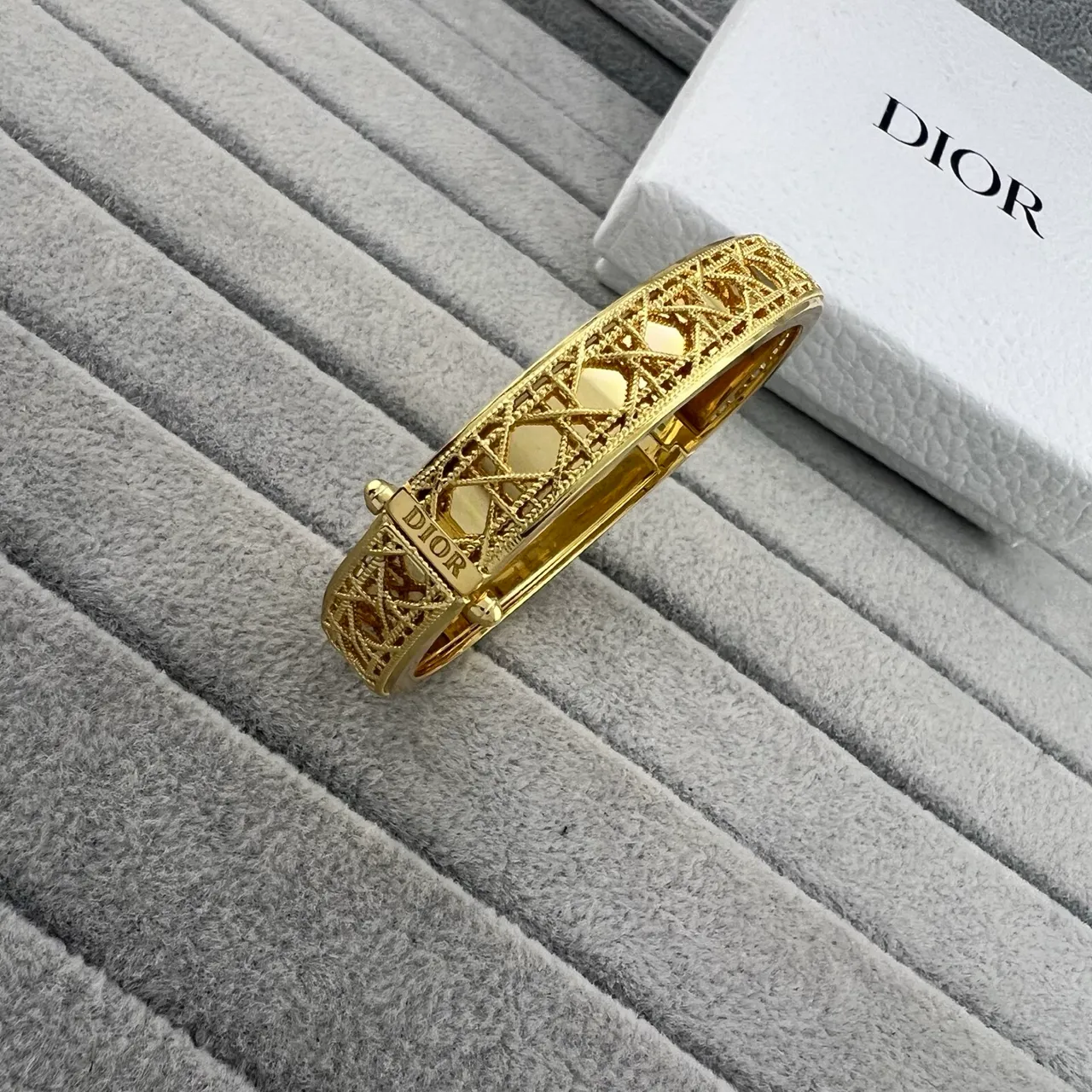 Dior Silver Gold Openwork Lattice Hinged Cuff Bracelet 4