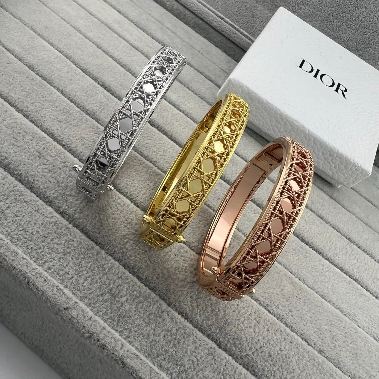 Dior Silver Gold Openwork Lattice Hinged Cuff Bracelet 8