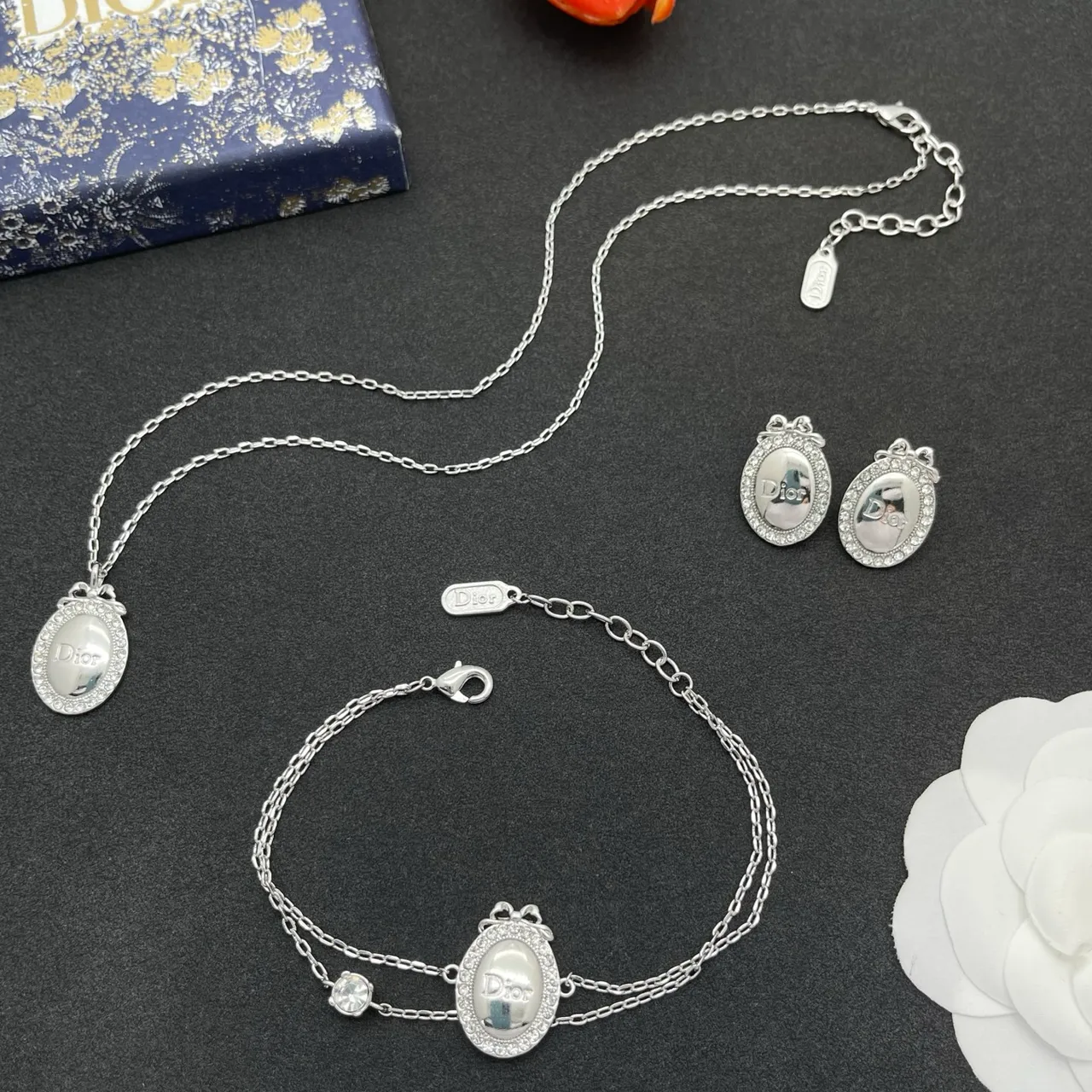 Dior Silver Oval Locket Pendant Crystal-Encrusted Bezel Necklace 2