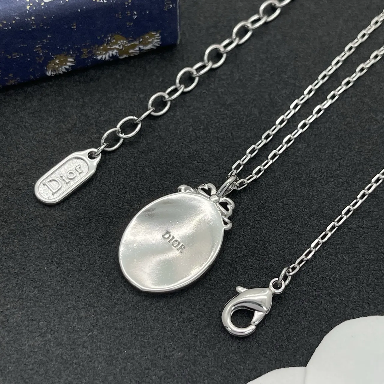 Dior Silver Oval Locket Pendant Crystal-Encrusted Bezel Necklace 3