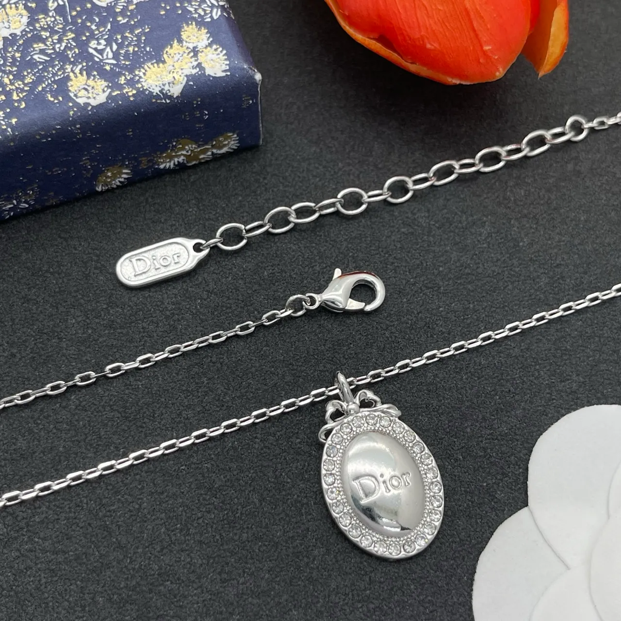 Dior Silver Oval Locket Pendant Crystal-Encrusted Bezel Necklace 4