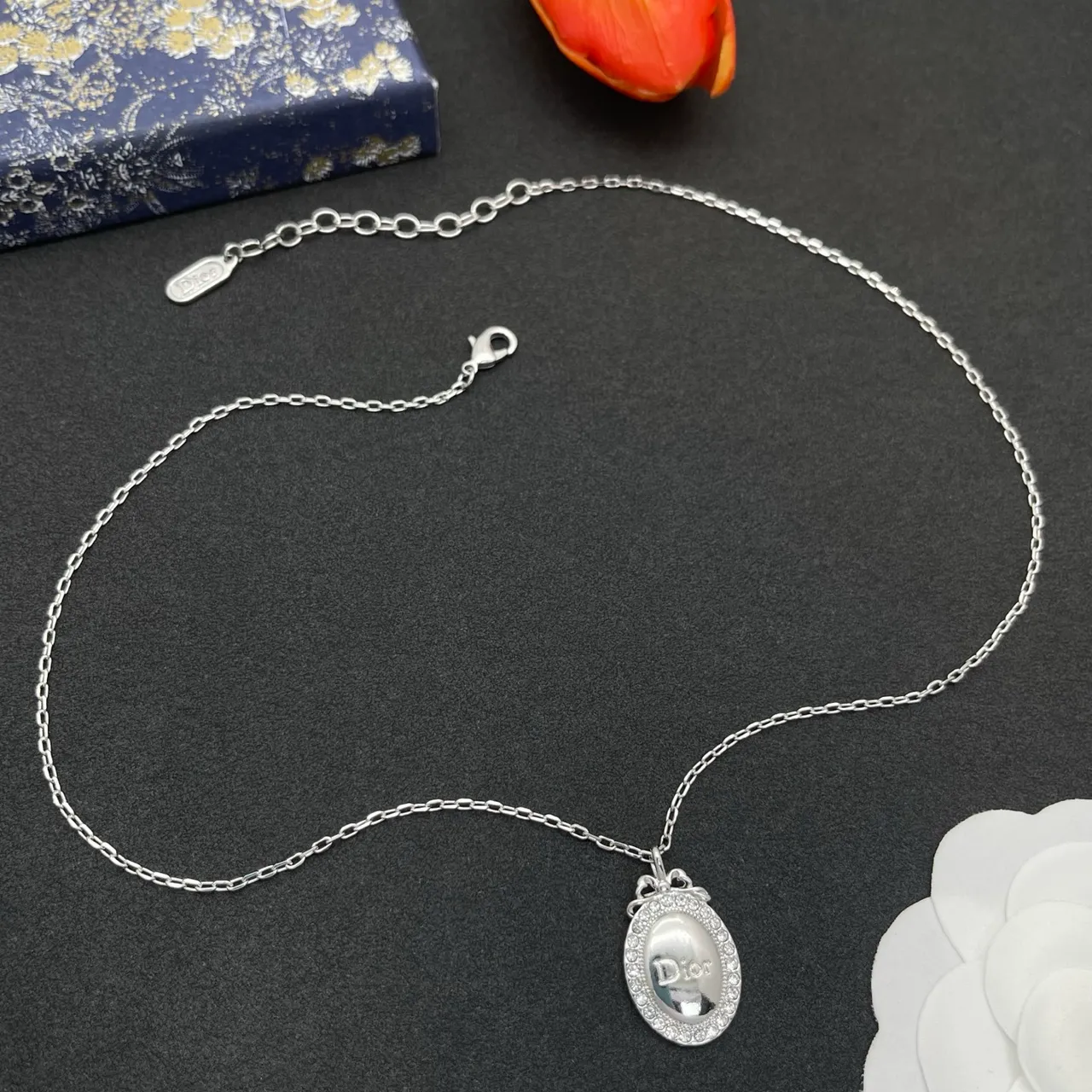 Dior Silver Oval Locket Pendant Crystal-Encrusted Bezel Necklace 8