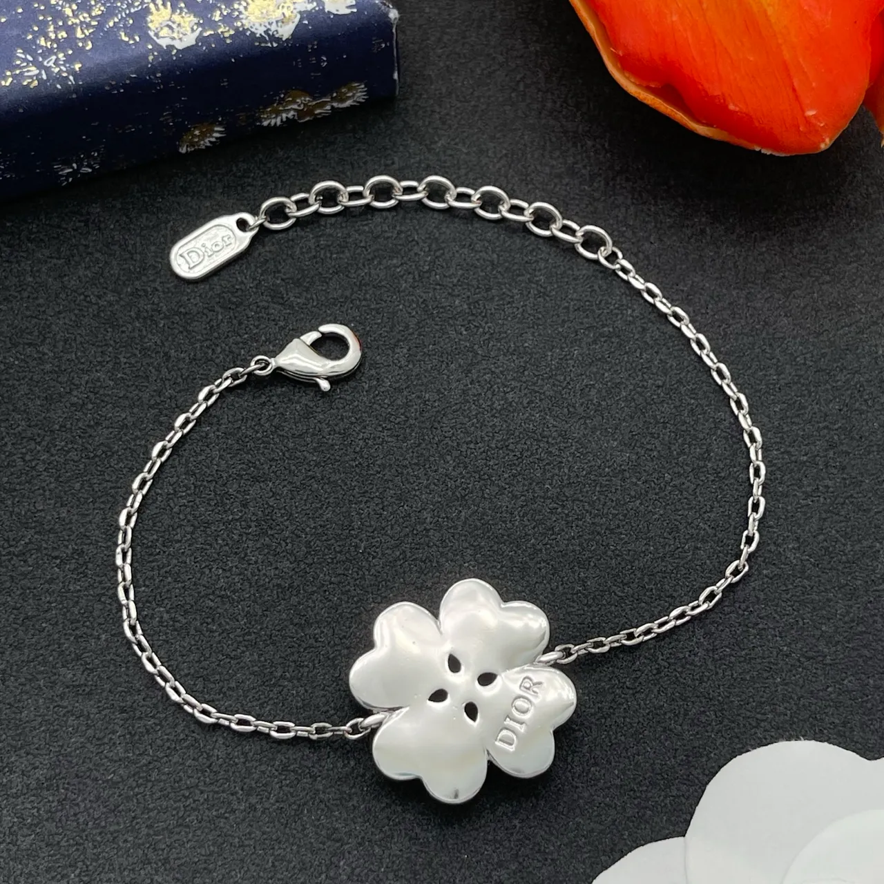 Dior Silver White Chain Link Enamel Flower Bracelet 4