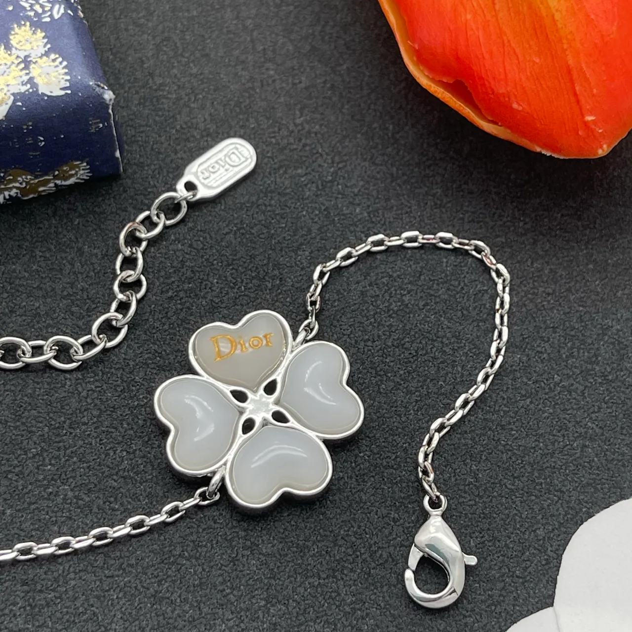 Dior Silver White Chain Link Enamel Flower Bracelet 5