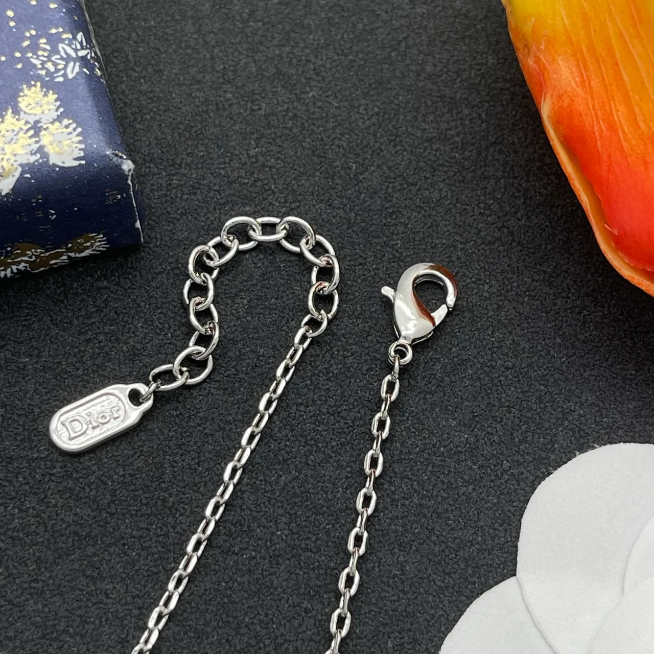 Dior Silver White Chain Link Enamel Flower Bracelet 6