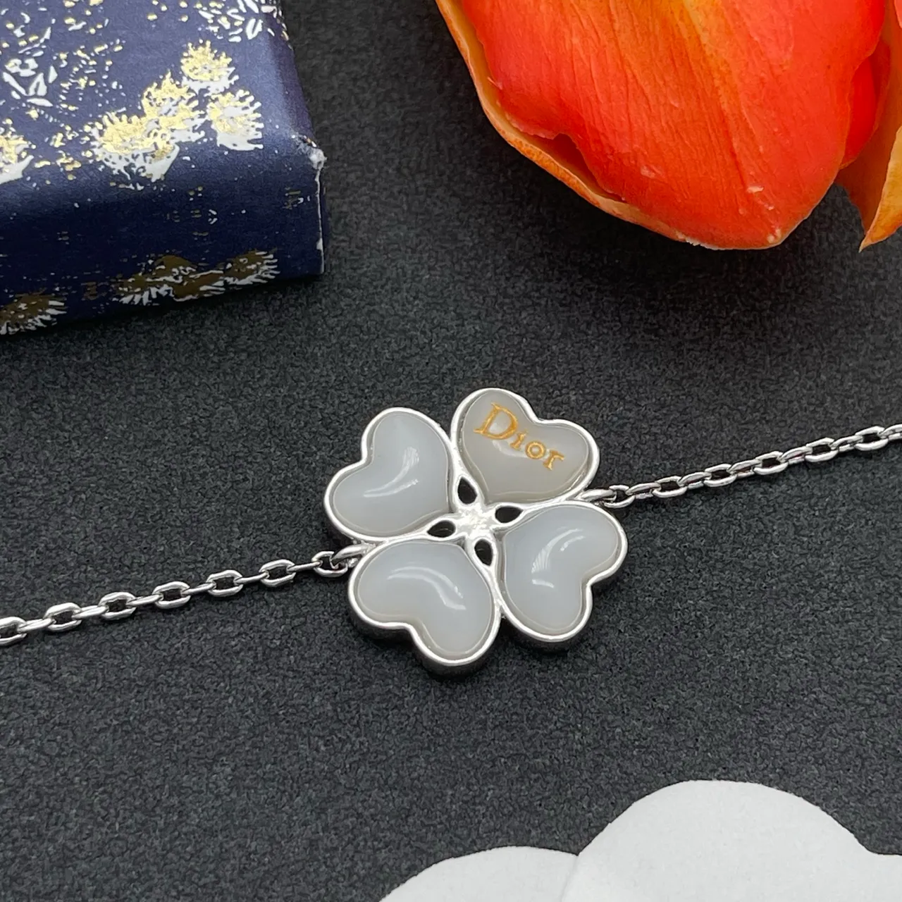 Dior Silver White Chain Link Enamel Flower Bracelet 7