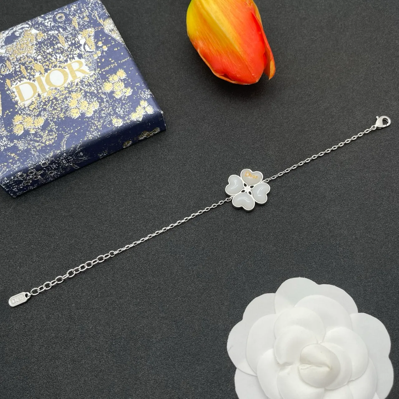 Dior Silver White Chain Link Enamel Flower Bracelet 8