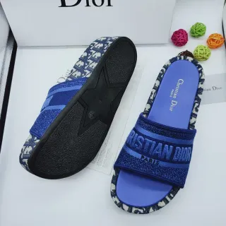 Dior Slide Blue Black Woven Strap Monogram Trim Slippers