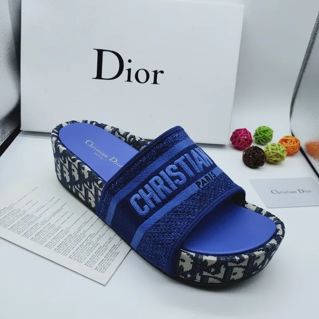 Dior Slide Blue Black Woven Strap Monogram Trim Slippers 2