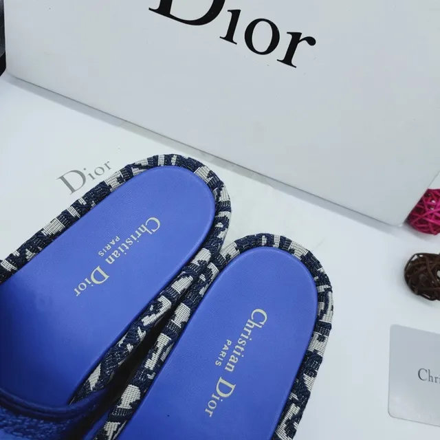 Dior Slide Blue Black Woven Strap Monogram Trim Slippers 3