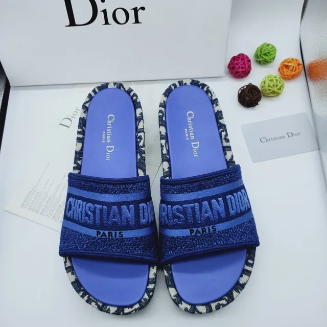 Dior Slide Blue Black Woven Strap Monogram Trim Slippers 4