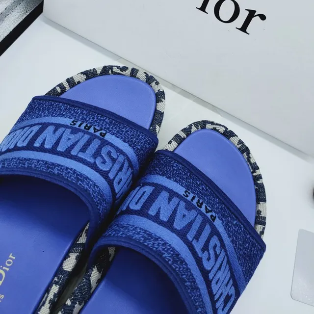 Dior Slide Blue Black Woven Strap Monogram Trim Slippers 5