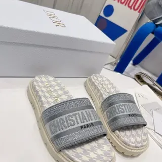 Dior Slide Gray Beige Houndstooth-Print Upper Embroidered Logo Strap Slippers