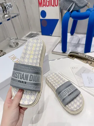 Dior Slide Gris Beige Imprimé pied de poule sur l'empeigne sangle logo brodé mules 2