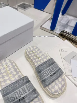 Dior Slide Gris Beige Imprimé pied de poule sur l'empeigne sangle logo brodé mules 6