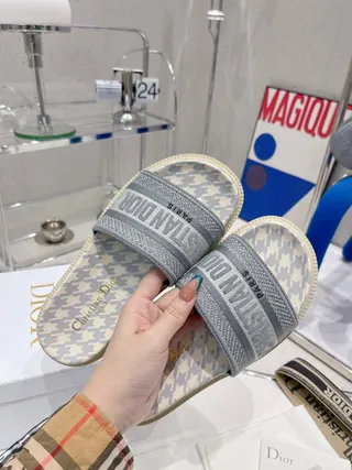 Dior Slide Gris Beige Imprimé pied de poule sur l'empeigne sangle logo brodé mules 7