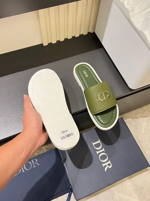 Dior Slide Sandales Cuir Vert Blanc Supérieur Boucle Métal Logo CD 2