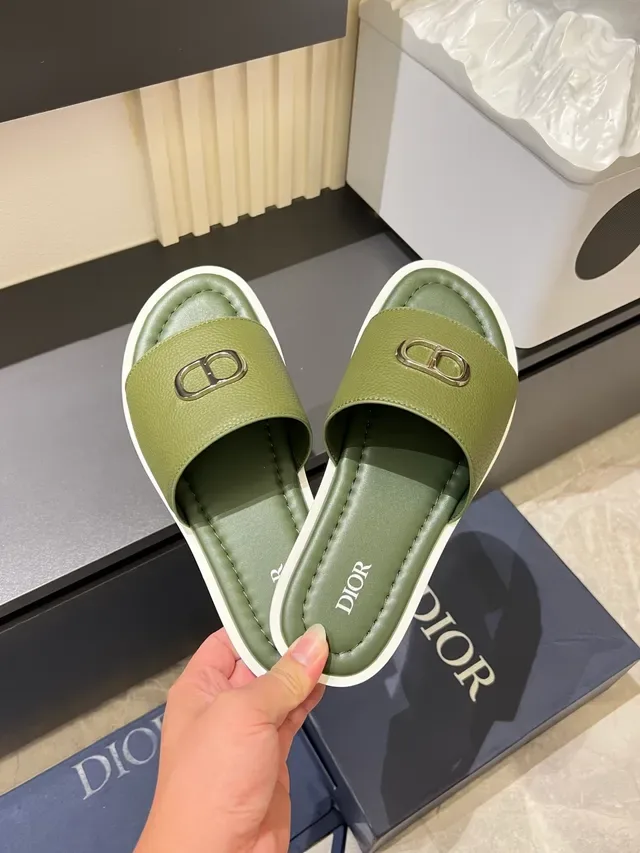Dior Slide Sandales Cuir Vert Blanc Supérieur Boucle Métal Logo CD 3