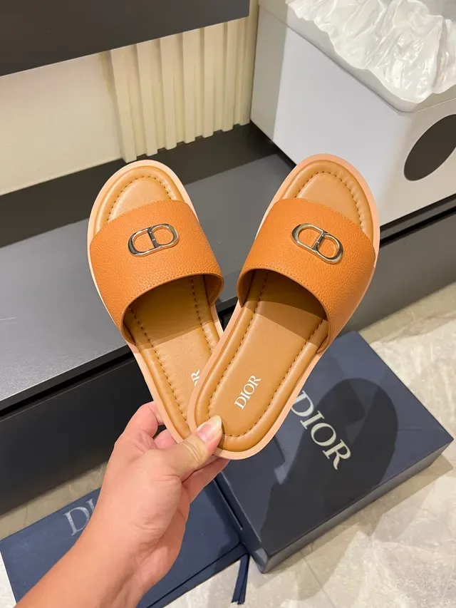 Dior Slide Sandales Cuir Vert Blanc Supérieur Boucle Métal Logo CD 4