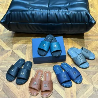 Dior Slide Navy Black Perforated Ostrich-Textured Upper Metallic CD Logo Plaque Slippers