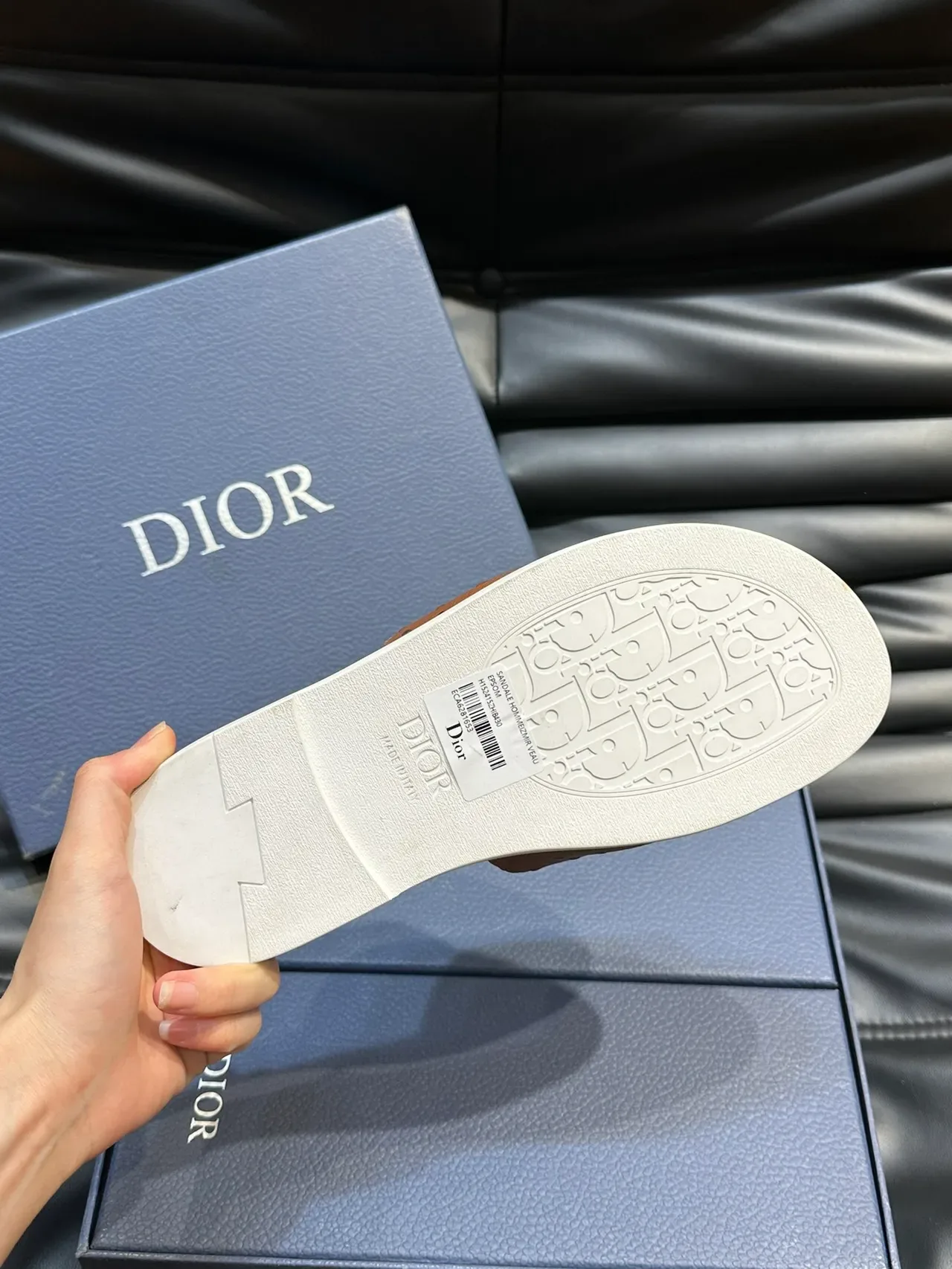 Dior Slide Navy Black Perforated Ostrich-Textured Upper Metallic CD Logo Plaque Slippers 2