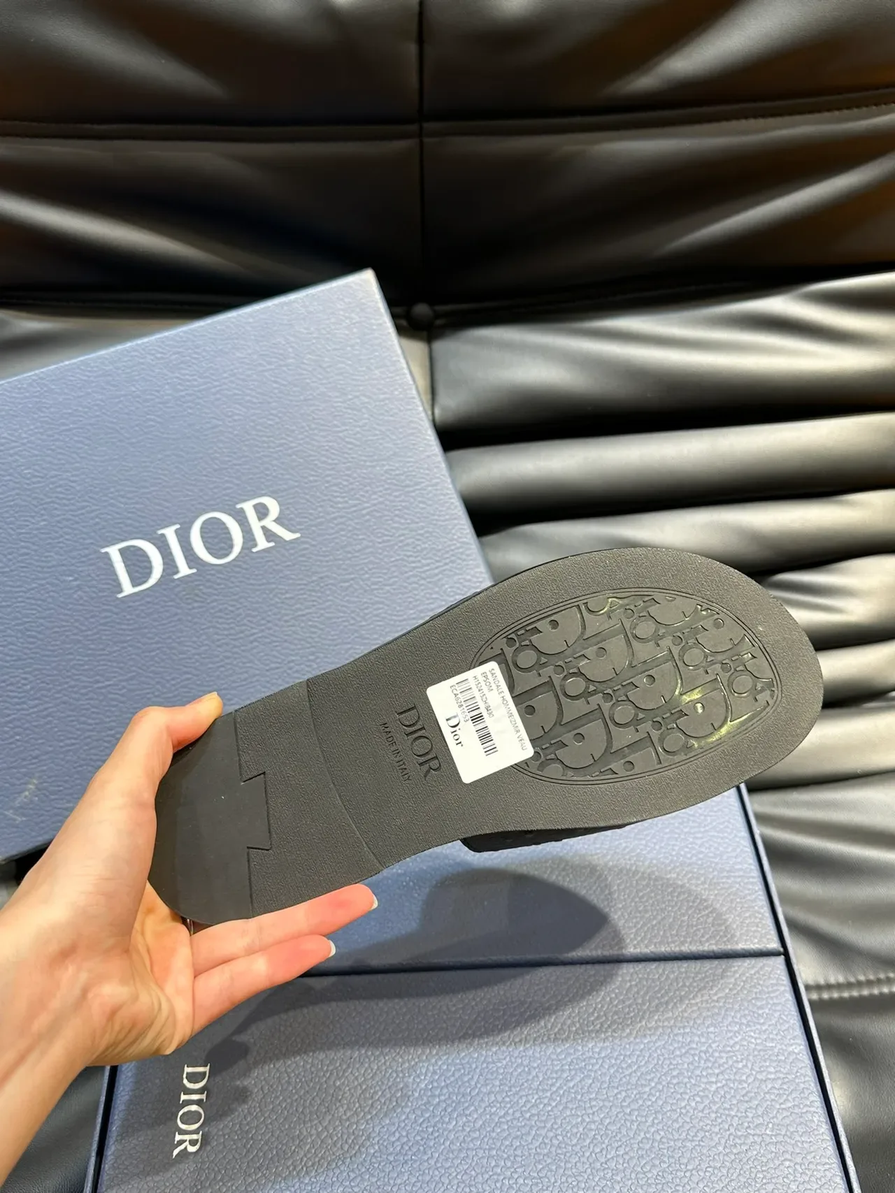 Dior Slide Navy Black Perforated Ostrich-Textured Upper Metallic CD Logo Plaque Slippers 3