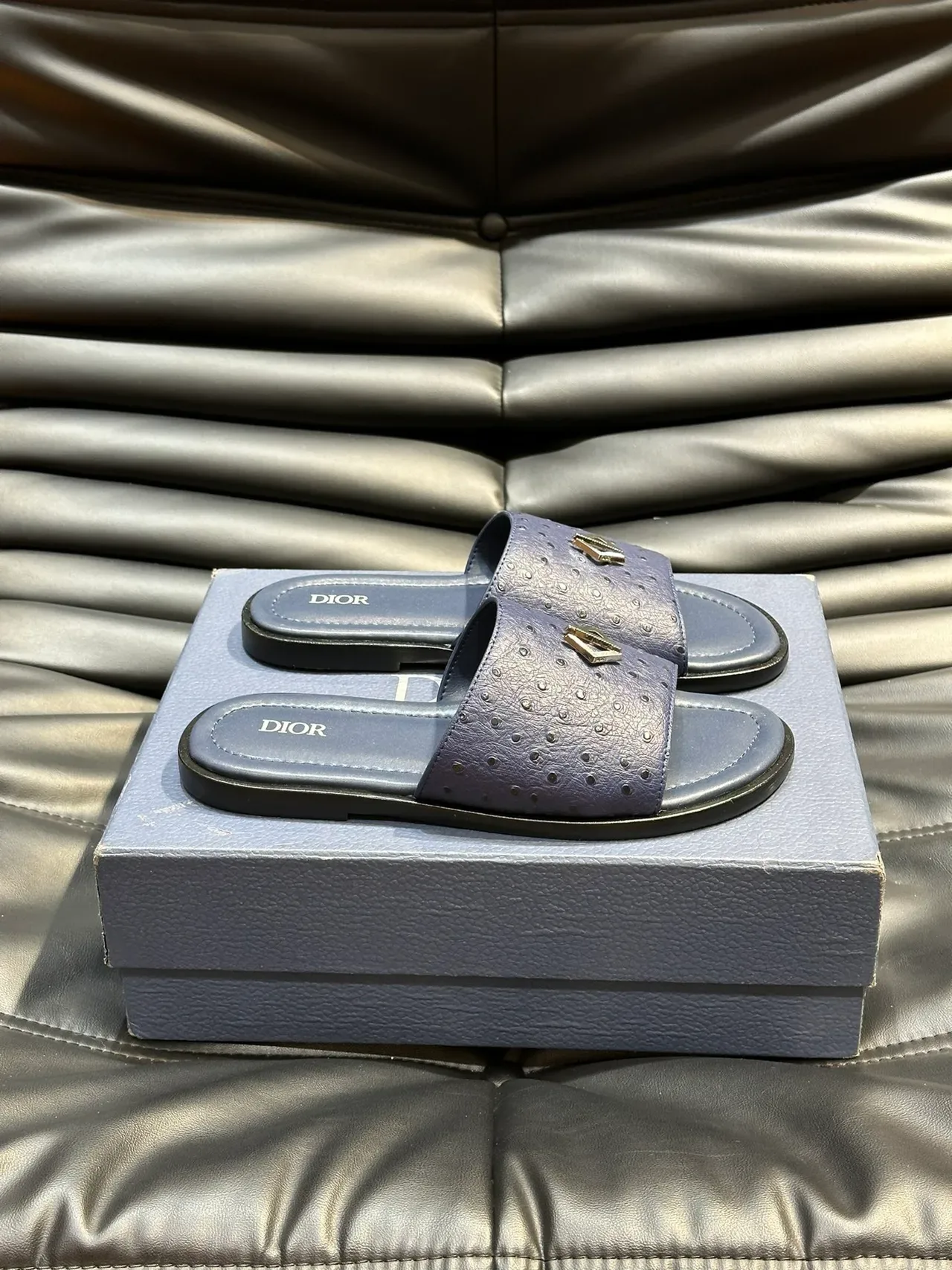 Dior Slide Navy Black Perforated Ostrich-Textured Upper Metallic CD Logo Plaque Slippers 4