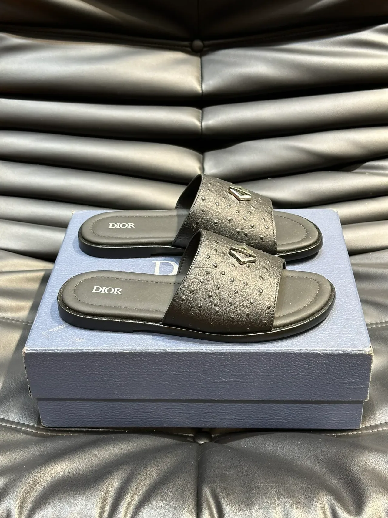 Dior Slide Navy Black Perforated Ostrich-Textured Upper Metallic CD Logo Plaque Slippers 6