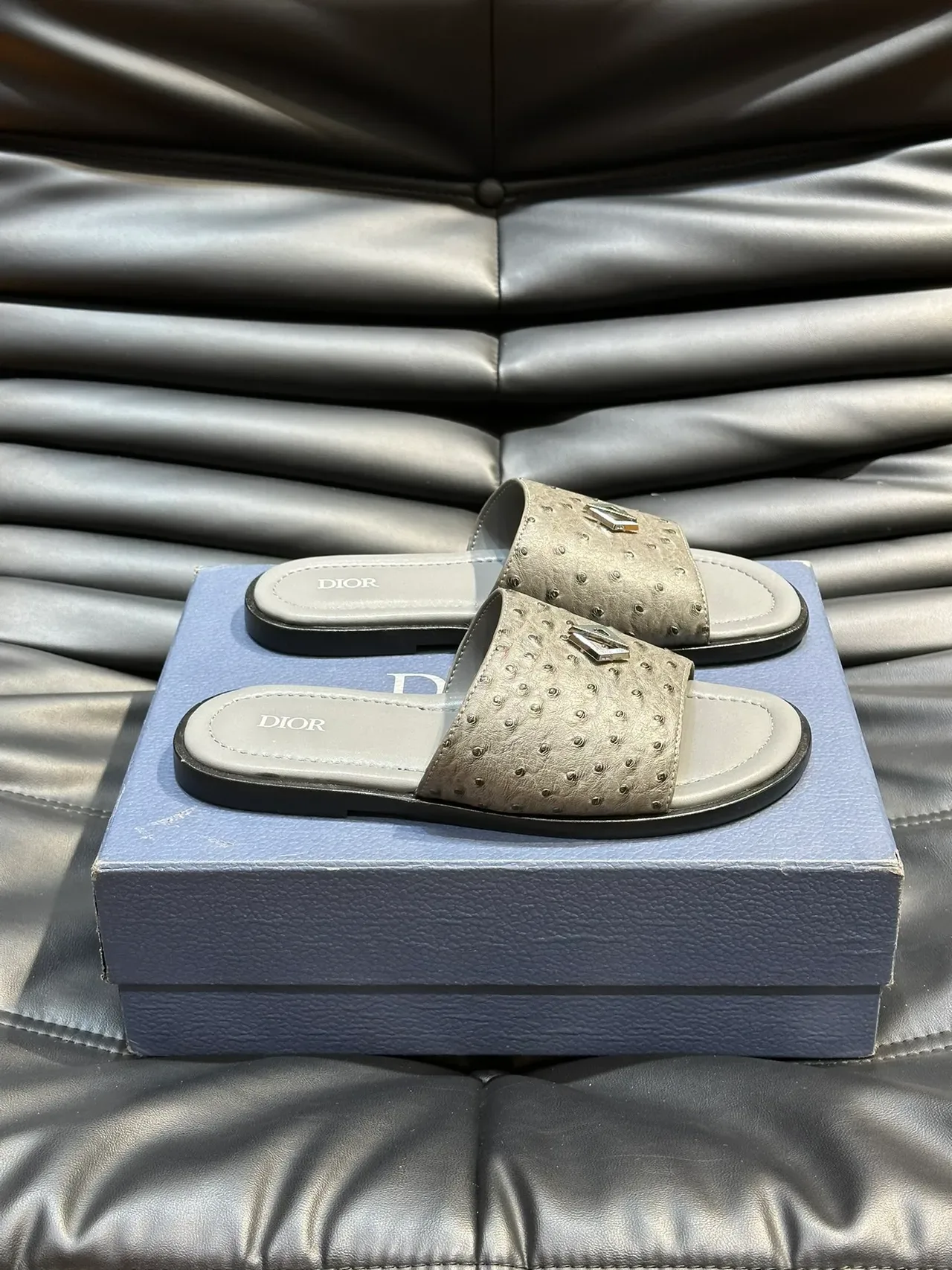 Dior Slide Navy Black Perforated Ostrich-Textured Upper Metallic CD Logo Plaque Slippers 8