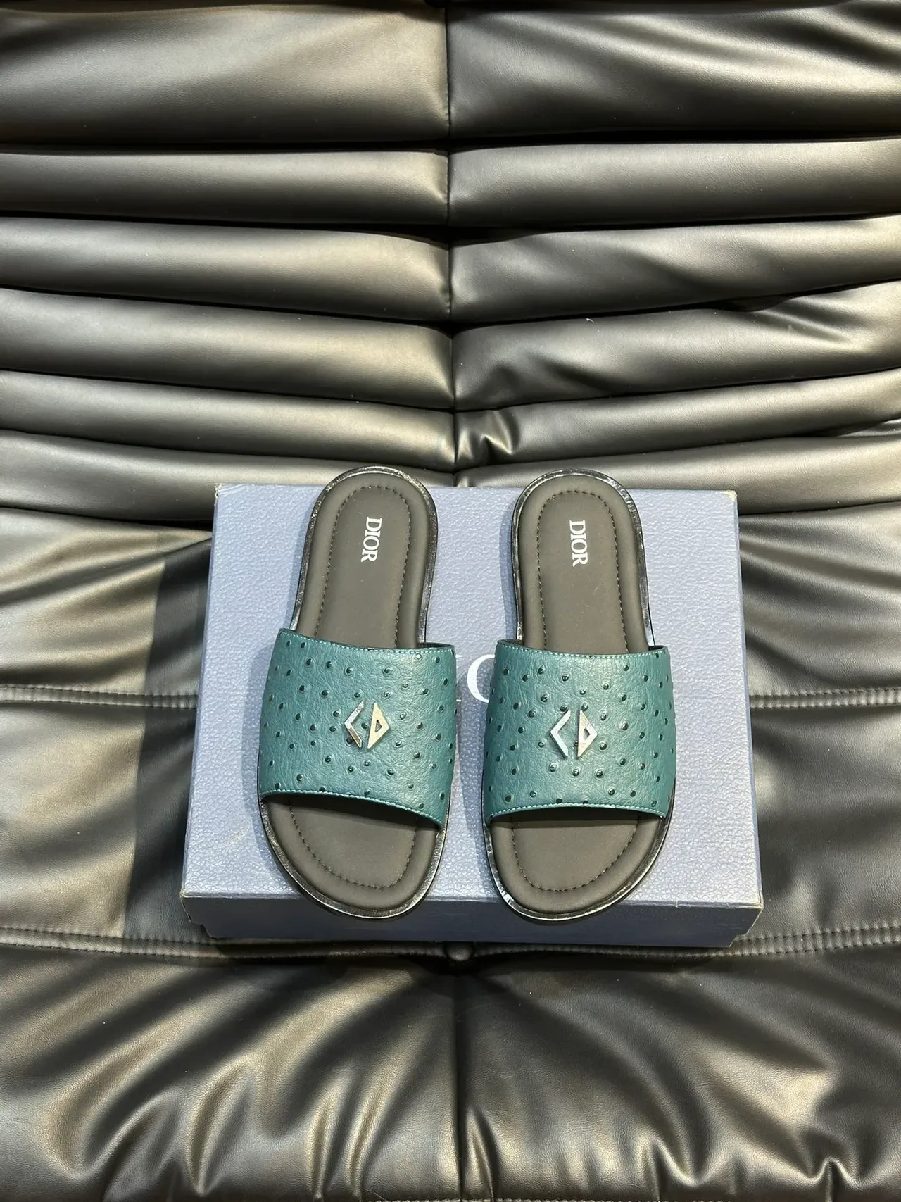 Dior Slide Navy Black Perforated Ostrich-Textured Upper Metallic CD Logo Plaque Slippers 9