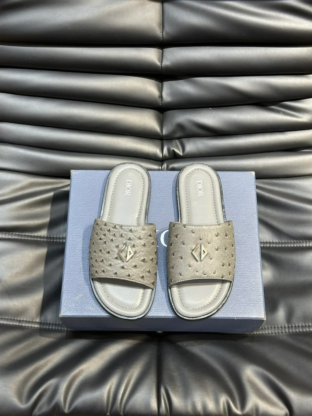 Dior Slide Navy Black Perforated Ostrich-Textured Upper Metallic CD Logo Plaque Slippers 10