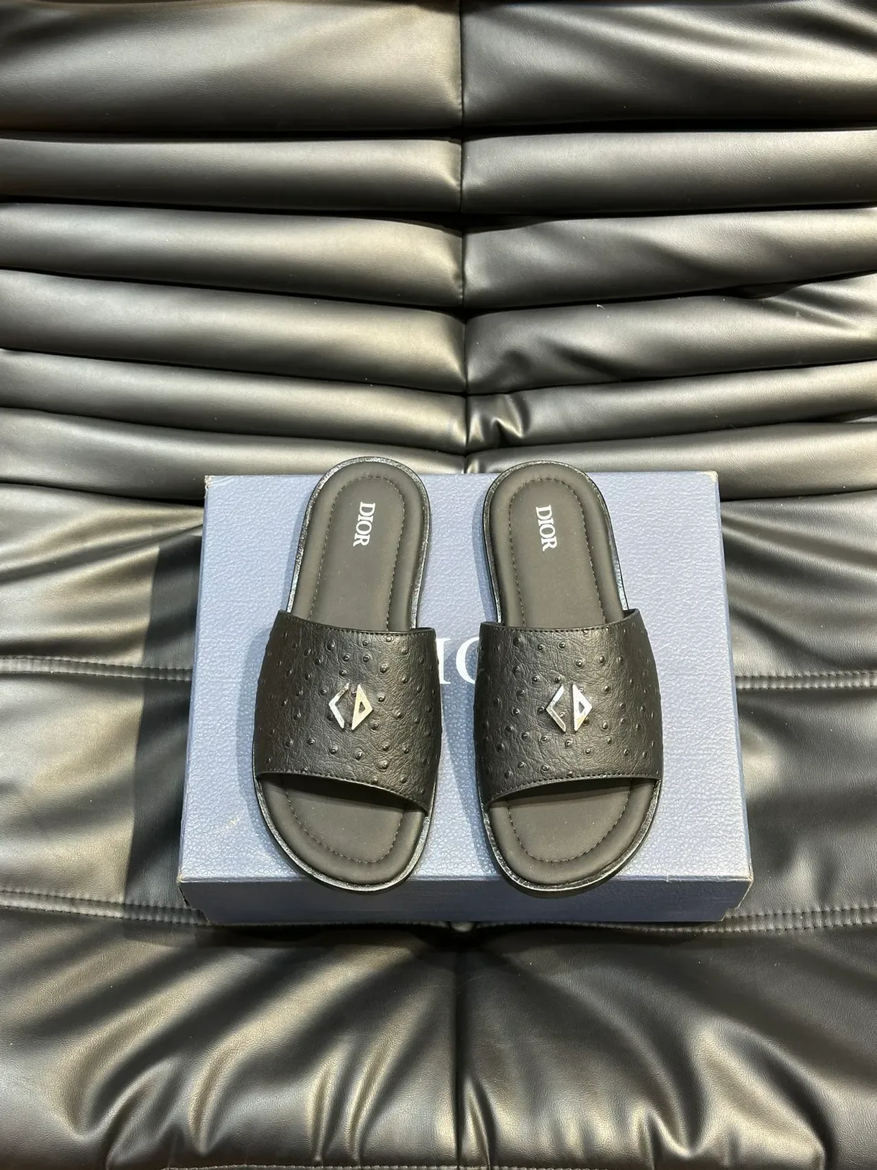 Dior Slide Navy Black Perforated Ostrich-Textured Upper Metallic CD Logo Plaque Slippers 11