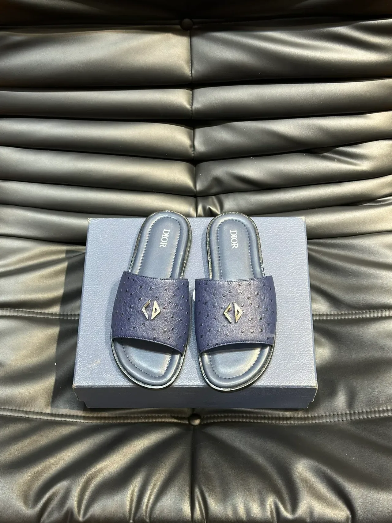 Dior Slide Navy Black Perforated Ostrich-Textured Upper Metallic CD Logo Plaque Slippers 12