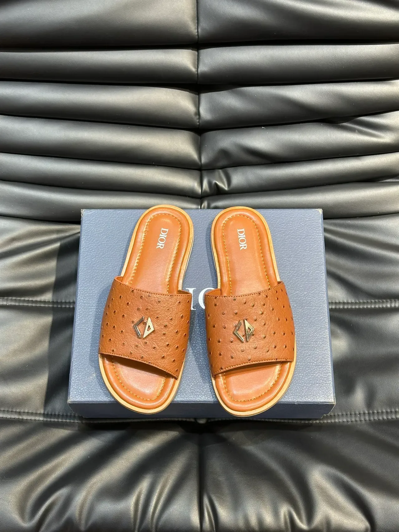 Dior Slide Navy Black Perforated Ostrich-Textured Upper Metallic CD Logo Plaque Slippers 13