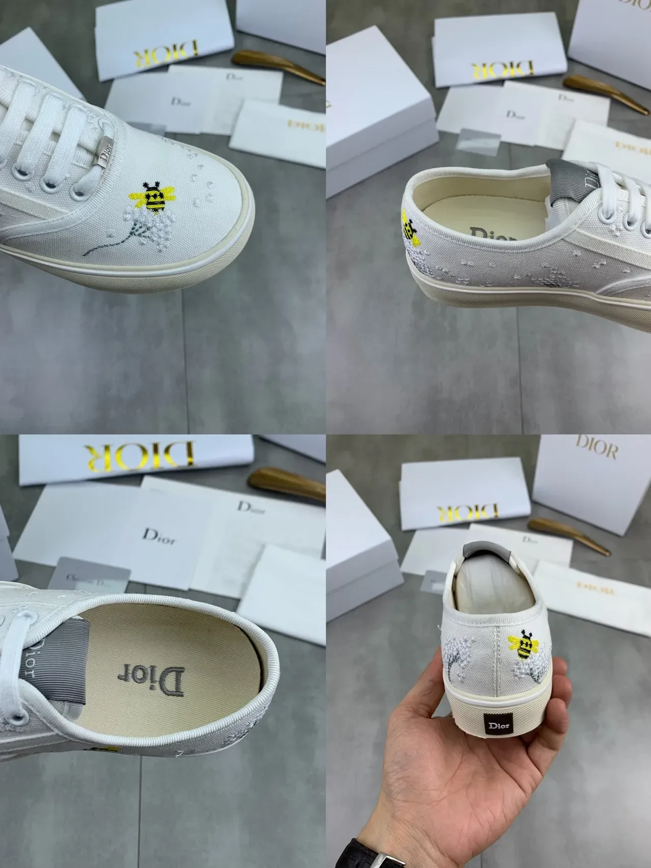 Dior Blanc Beige Broderie Motif Abeille Perles Florales Sneakers Lifestyle 2