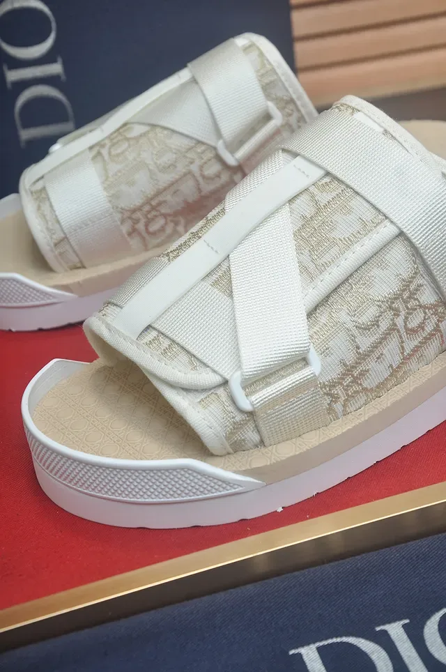 Dior White Beige Monogrammed Oblique Fabric Wide Crisscross Strap Slippers 2