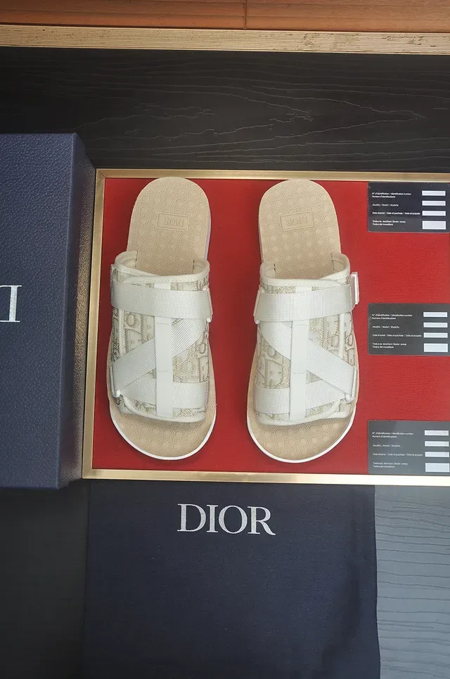Dior White Beige Monogrammed Oblique Fabric Wide Crisscross Strap Slippers 3