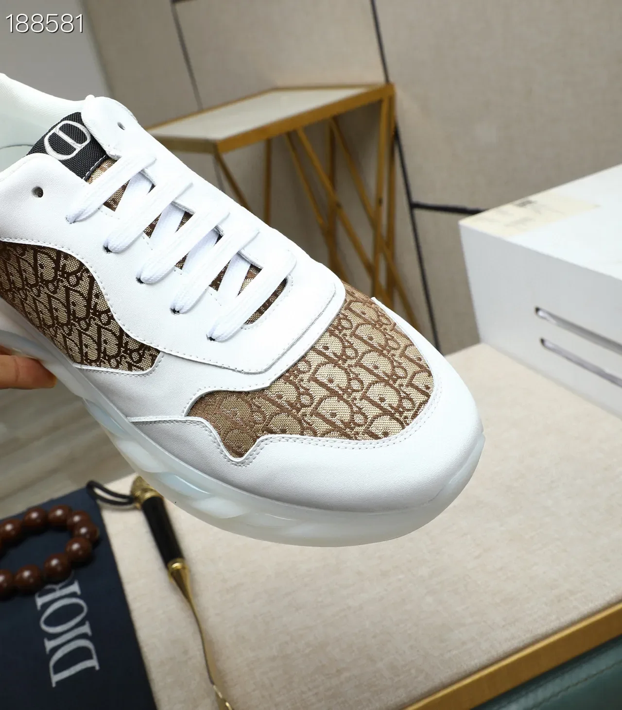 Dior White Beige Monogrammed Textile Leather Accents Lifestyle Sneakers 6