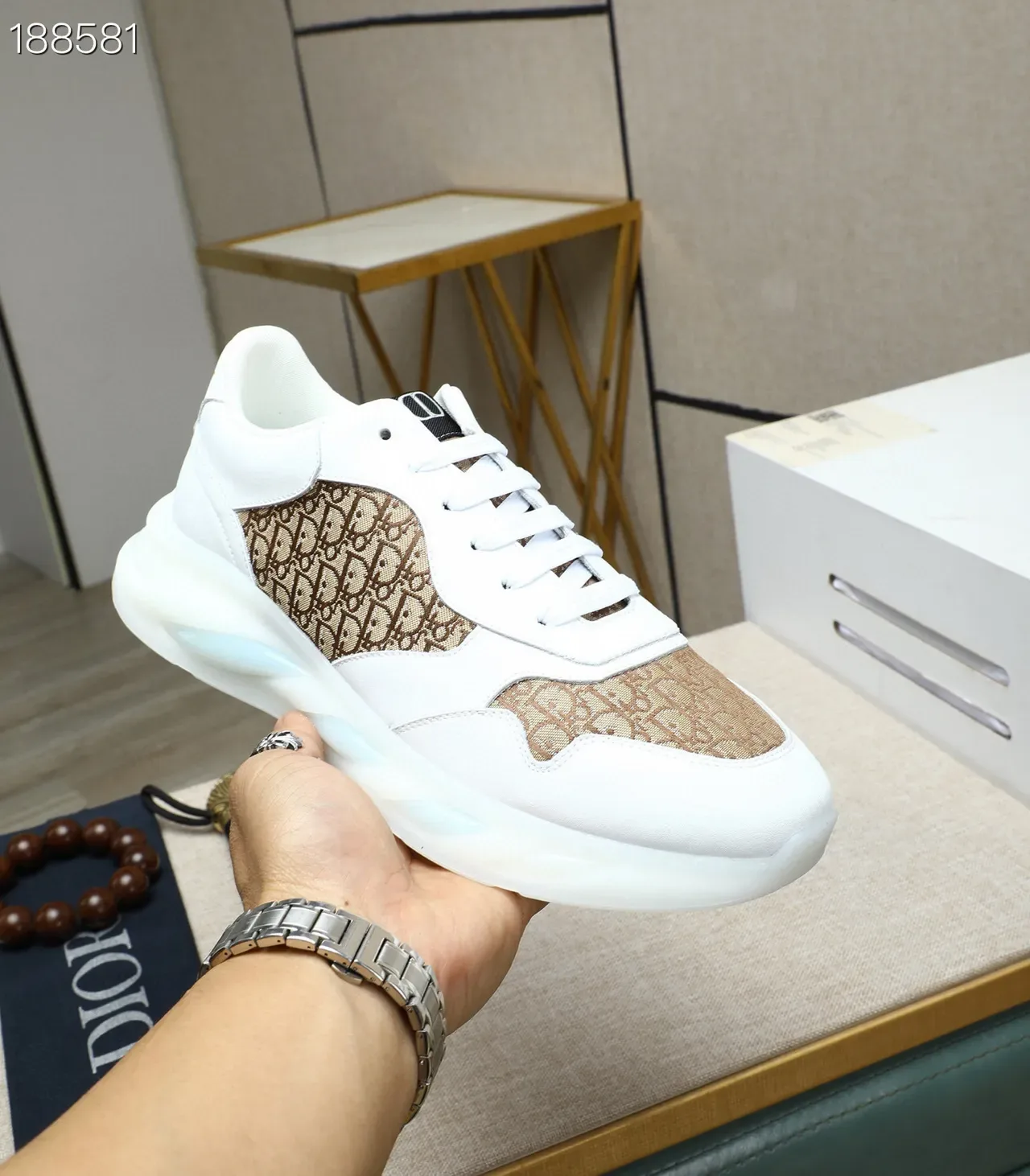 Dior White Beige Monogrammed Textile Leather Accents Lifestyle Sneakers 7