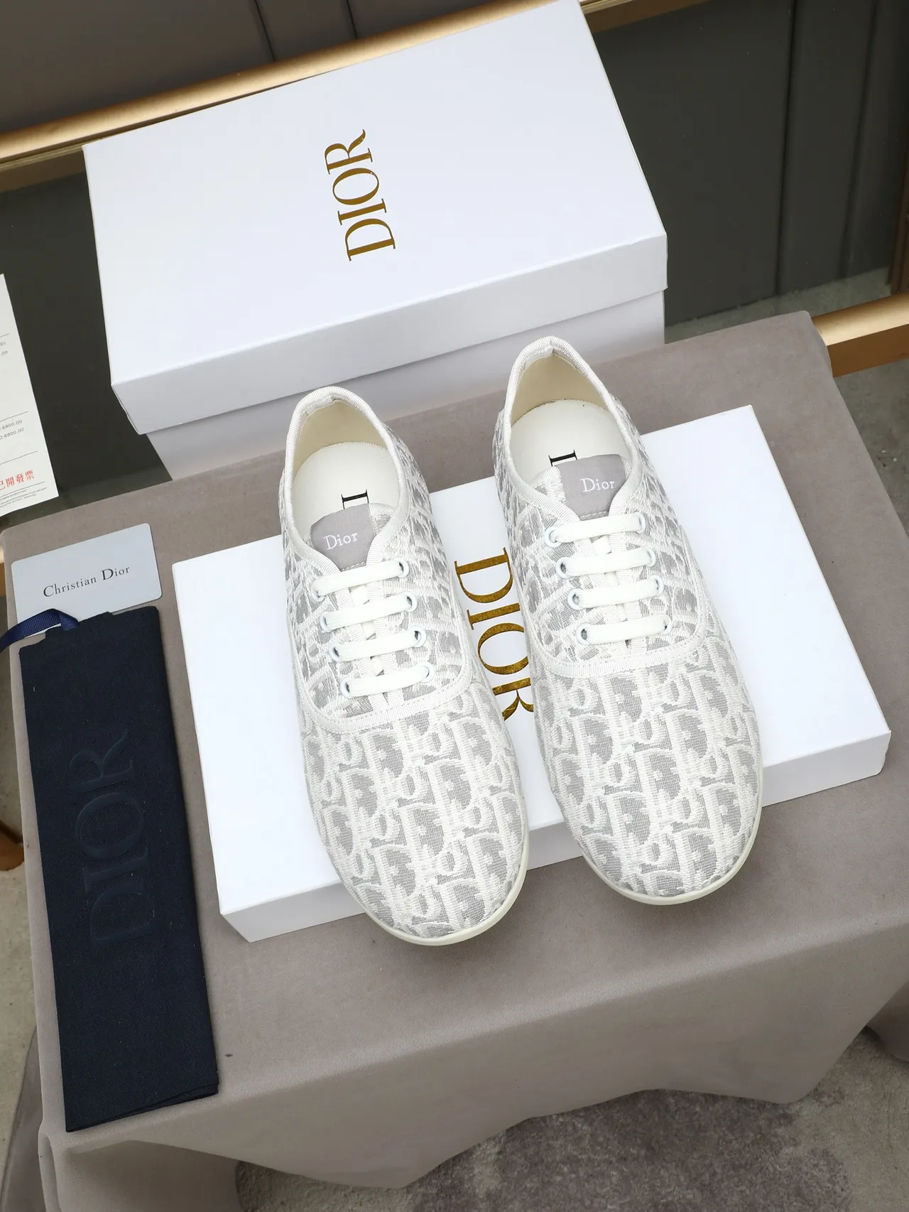 Dior White Gray Monogrammed Textile Upper Low-Top Lace-Up Lifestyle Sneakers 3