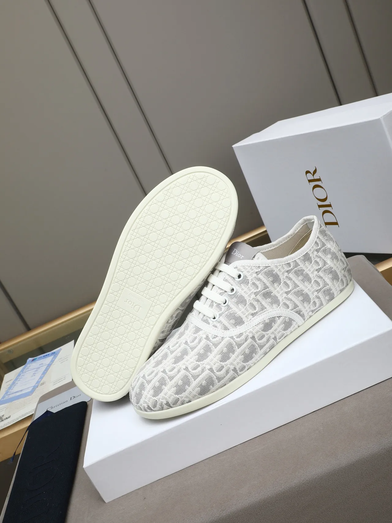 Dior White Gray Monogrammed Textile Upper Low-Top Lace-Up Lifestyle Sneakers 4