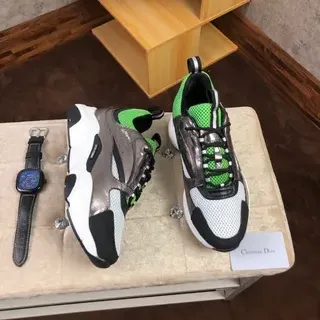 Dior White Green Platform Sole Mesh And Metallic Overlay Construction Chunky Sneakers