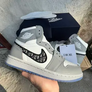 Dior x Air Jordan 1 White Gray Oblique Pattern Lifestyle Sneakers