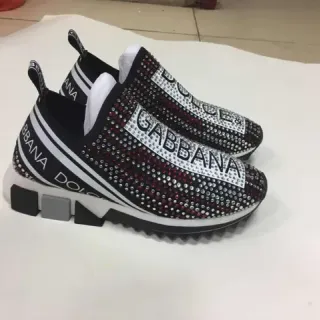 Dolce & Gabbana Black White Slip-On Knit Upper Rhinestone-Embellished Logo Band Lifestyle Sneakers